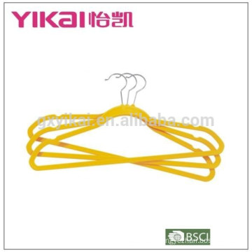 Well-known flocking plastic clothes hanger with notches and bar in yellow